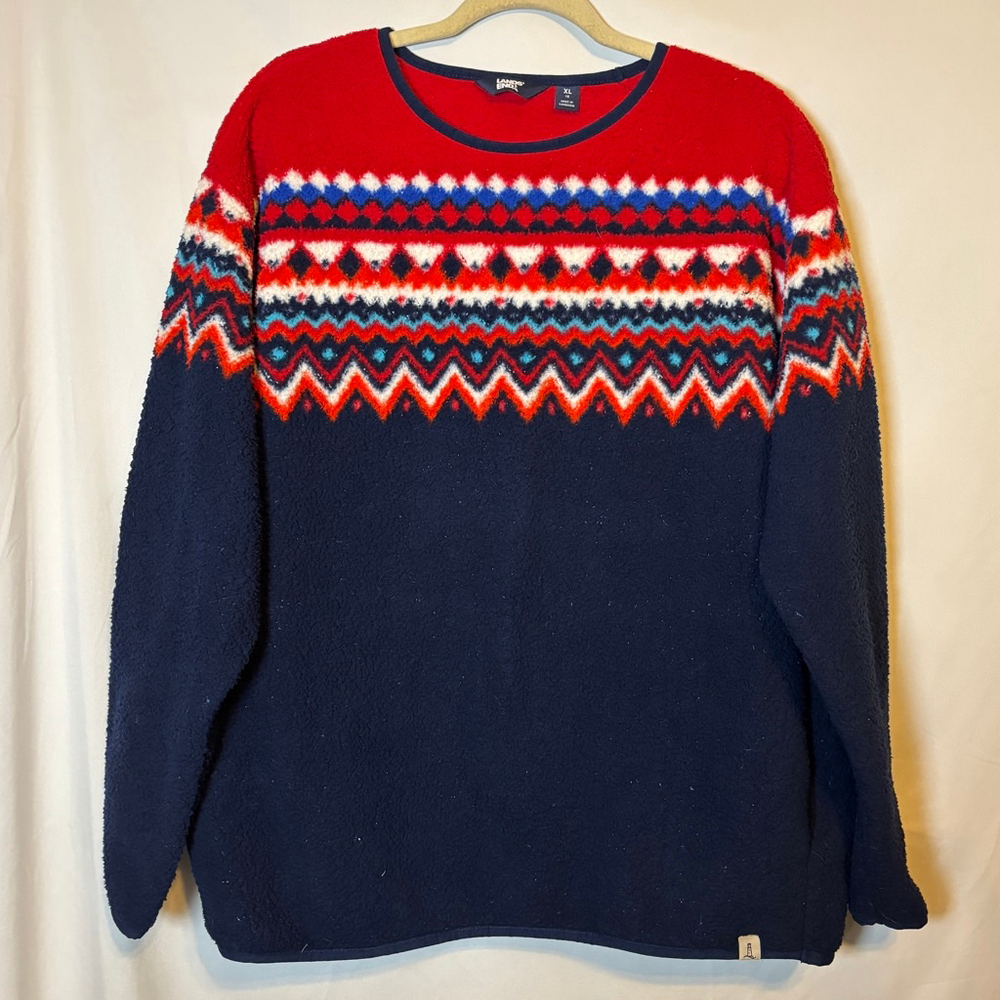 Lands’ End Fair Isle Fleece Pullover Sweater Red Blue Women’s XL